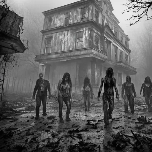 Prompt: Lost place, Walking zombies, blood splatter, foggy dark