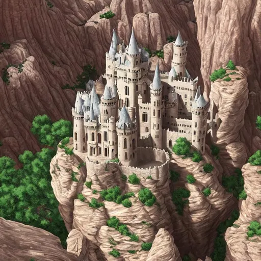 Prompt: castle carved into rock. canyon floor perspective.