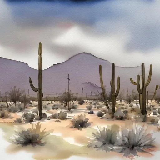 Prompt: Rainy afternoon on a desert oasis in watercolor