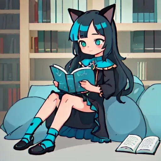 Prompt: blue and black long haired girl with black and turquoise long clothes, black and turquoise cat ears, sitting down and reading a book