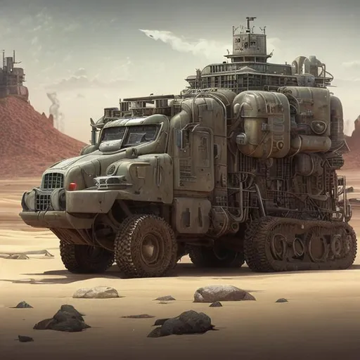 Prompt: desert, tracked vehicle, land ship, deep sea oil rig, mobile, huge, scifi