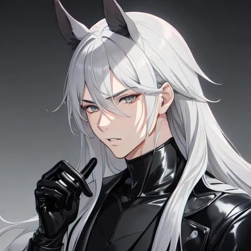 Prompt: Your OC is a little mangled horse, with gentle ash-gray eyes. He has long grey hair. Wearing a black latex suit with black gloves Masculine anime style. UHD, HD, 4K