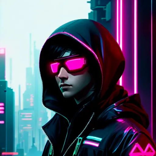 Prompt: cyberpunk edgerunner man, hooded, techwear, mask, neon background, portrait, HD, by Ilya Kuvshinov