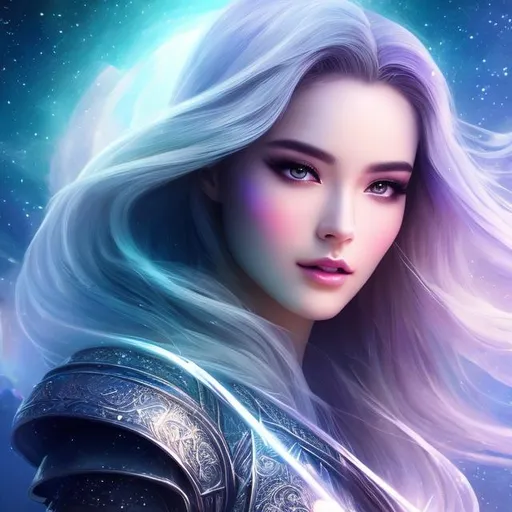Prompt: create photograph of beautiful winter female princes who is wearing bright futuristic robes,  night time and beautiful sky  space and planets an nebulae in sky highly detailed, detailed face, extremely detailed environment, extremely detailed background, extremely detailed skin, extremely detailed clothing, natural colors , professionally color graded, photorealism, 8k, realistic, moody lighting, galactic environment, volumetric lighting