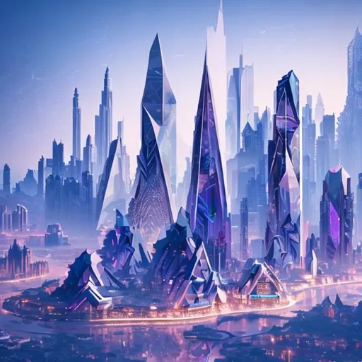 Prompt: City with sleek and angular designs, utilizing transparent materials and incorporating holographic displays. The buildings are adorned with intricate patterns and geometric shapes. Futuristic, crystals.