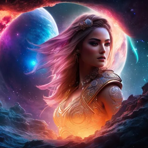 Prompt: create a photograph of beautiful fictional female elite soldier goddess, extremely, detailed environment, detailed background, planets an nebulae in sky highly detailed, intricate, detailed skin, natural colors , professionally color graded, photorealism, 8k, moody lighting


