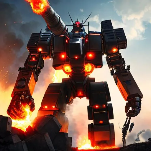 Prompt: Giant robot, flamethrower in his hand, burns, cyber-war, explosion, hd ultra 4k, hyper-realistic 