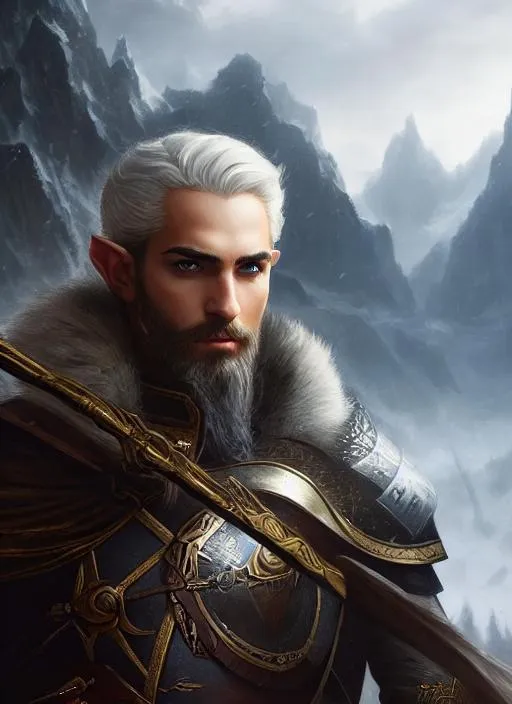 Prompt: Portrait of Nikros, an elven warrior with short white hair and with handsome face, stormy background, perfect composition, hyperrealistic, super detailed, 8k, high quality, trending art, trending on artstation, sharp focus, studio photo, intricate details, highly detailed, by greg rutkowski