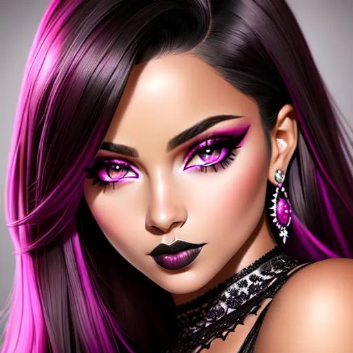 Prompt: Magenta colored eyes, portrait, long shot super detailed lifelike illustration, brown skin lady, black hair, cute face, black lipstick, black eyeshadow, dark aesthetic, realistic face, large realistic eyes, smooth soft skin, soft lighting, perfect ratio, symmetrical face, realistic hands, intricate artwork, highly detailed, perfect composition, sharp focus