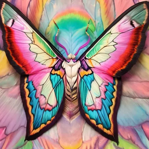 Prompt: Pastel atlas moth diorama in the style of Lisa frank