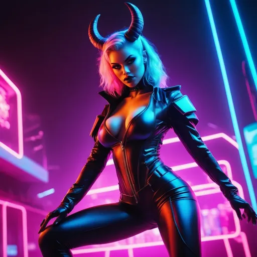 Prompt: a beautiful female demon in a dynamic pose in a retro futuristic synthwave cyberpunk neon paradise.  neon lighting, synthwave, cyber, retro, futuristic