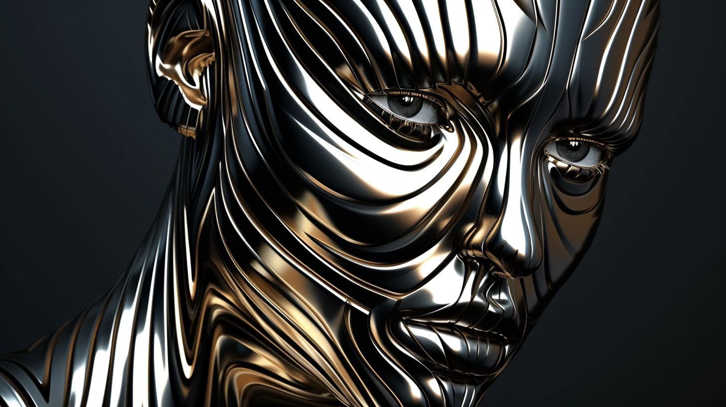 Prompt: the head and shoulders of a metallic man, in the style of futurism influence, 8k 3d, stripes and shapes, machine aesthetics, exaggerated facial features, captivating gaze, idealized beauty in wide ratio --ar 16:9 --sref https://s.mj.run/A3A6As-fSIo --stylize 250 --v 6