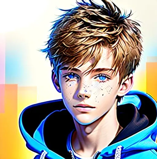 Prompt: Concept art, digital brush, Beautiful young teen boy, (16 year old kid) (messy hair)+ ((hair covering eye))++ emo cut, lightbrownhair boy, hair, sharp gaze, blue eyes, innocent, boy model, 16 years old, hot, pretty, cute, hoodie zipper, cinematic lighting, blue sky, bright colors, blue, green, yellow, white,  luminous, hyperdetailed, great composition, professional, artstation award, (white background)++ 