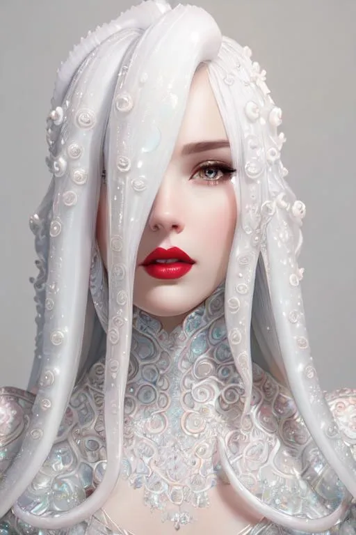 Prompt: A Exquisitely beautiful woman with a hair made of a white octopus tentacles, delicate intricate iridescent details, pale white skin, red lipstick,  cold air, soft delicate features, ultra detailed, 3d, a pixar and  disney character art by artgerm, painting by daniel f gerhartz, hyper detailed face, clear realistic eyes, octane render, ray tracing, sharp focus, uhd, 