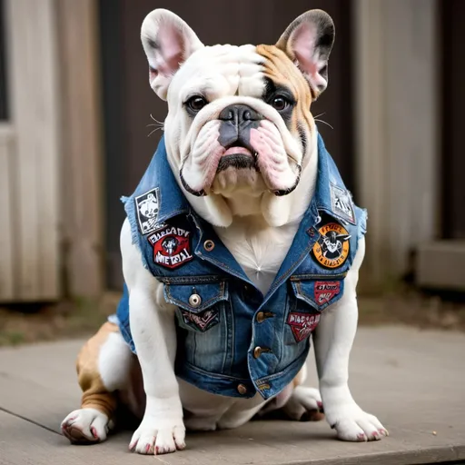 Prompt: Bulldog wearing a heavy metal music denim vest with patches