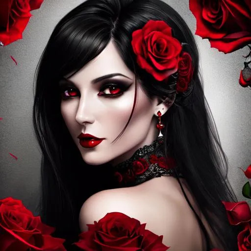 Prompt: evil, fantasy, UHD, 8k, high quality, hyper realism, Very detailed, portrait of an half skull half woman, straight black hair with red roses entwined in it, and wearing a red dress in a dark background