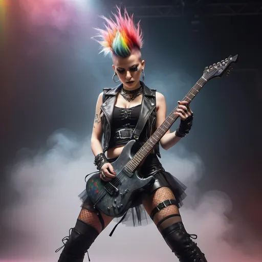 Prompt: A female guitarist in punk rock style, with a mohawk on her head, a black riveted leather vest and skirt, fishnet tights and high lace-up boots, performs on stage. Multi-colored fog swirls around her, cut by laser beams creating a dramatic and tense atmosphere. High quality, Artstation.