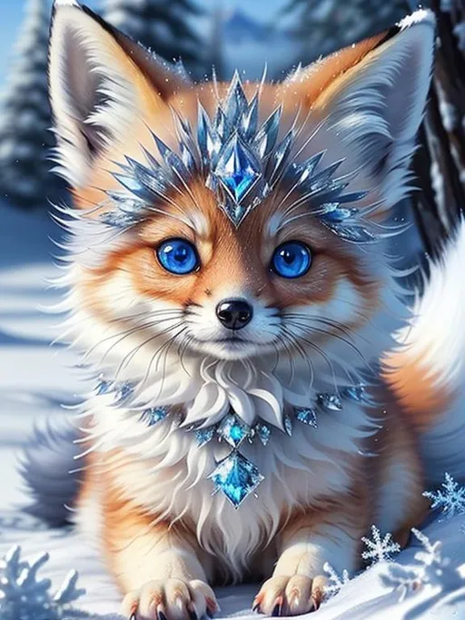 Prompt: (masterpiece, professional oil painting, epic digital art, best quality:1.5), insanely beautiful tiny ((fox kit)), (canine quadruped), ice elemental, silky silver-blue fur covered in frost, timid, ((insanely detailed alert crystal blue eyes, sharp focus eyes)), gorgeous 8k eyes, fluffy silver neck ruff covered in frost, two tails, (plump), fluffy chest, enchanted, magical, finely detailed fur, hyper detailed fur, (soft silky insanely detailed fur), presenting magical jewel, moonlight beaming through clouds, lying in frosted meadow, grassy field covered in frost, cool colors, professional, symmetric, golden ratio, unreal engine, depth, volumetric lighting, rich oil medium, (brilliant auroras), (ice storm), full body focus, beautifully detailed background, cinematic, 64K, UHD, intricate detail, high quality, high detail, masterpiece, intricate facial detail, high quality, detailed face, intricate quality, intricate eye detail, highly detailed, high resolution scan, intricate detailed, highly detailed face, very detailed, high resolution