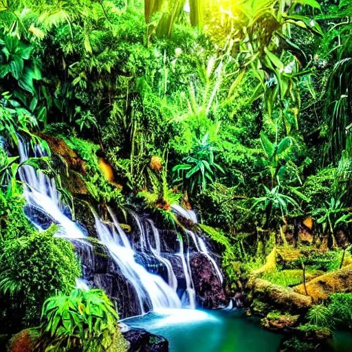 Prompt: tropical jungle raining green tropical plants pools ponds waterfall sunset
