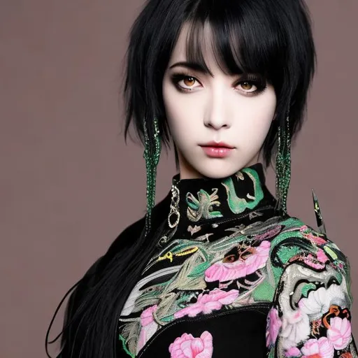 Prompt: Lisa of black pink with long green and black hair and a black swan 