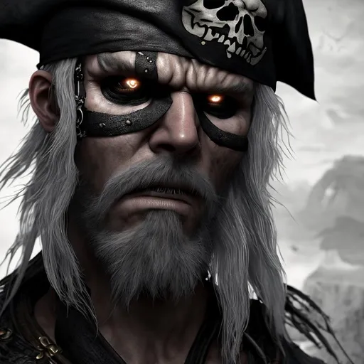 Prompt: Portrait of a pirate, angry, mean, fearless, realism, black and white, eye patch, pirate flag, artstation, 8k, octane render, unreal engine,  very detailed, concept art, realistic, masterpiece, sharp  - ar 1:1