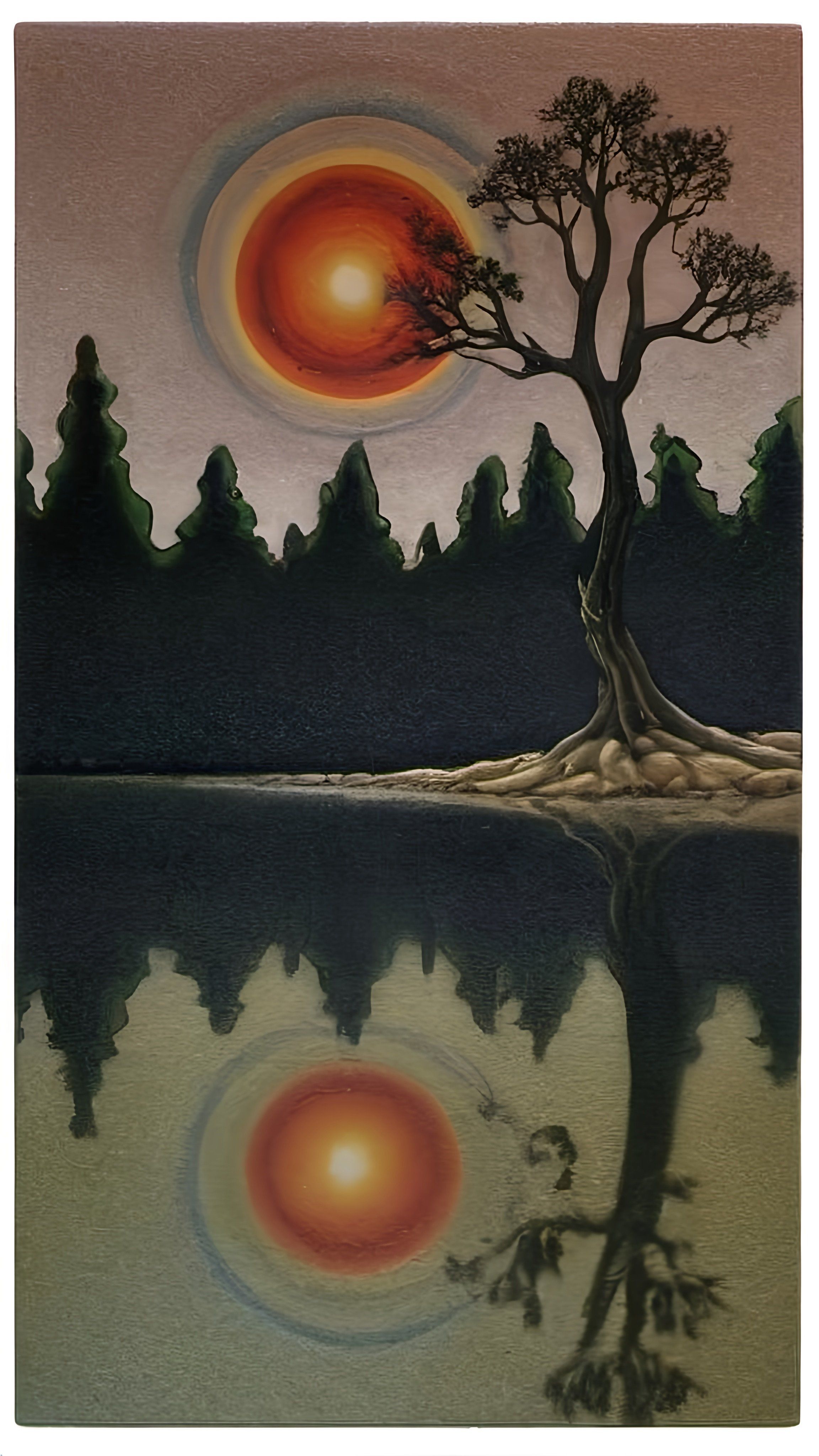 Prompt: a painting of a tree with a sunset in the background and a reflection of the sun in the water, metaphysical painting