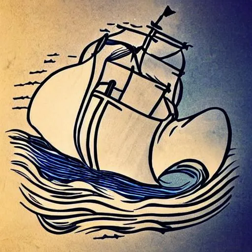 Prompt: Illustrate a ship sailing through uncharted waters, representing a spirit of adventure and exploration. Depict a vast ocean with waves, a clear sky, and a ship with billowing sails.