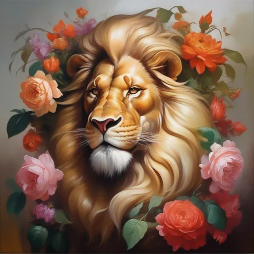 Prompt: (masterpiece, thick oil painting, Dungeons & Dragons, best quality:1.5), beautiful portrait of a majestic & noble, quadruped deity (Lion-Dragon Hybrid), peacefully smiling, flower wreath,