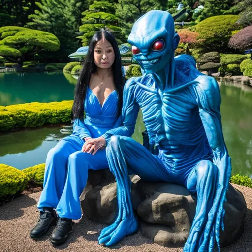 Prompt: Alien Woman in a Blue Dress and an Alien Man in a blue jumpsuit sitting in a Japanese Garden by a Lake.