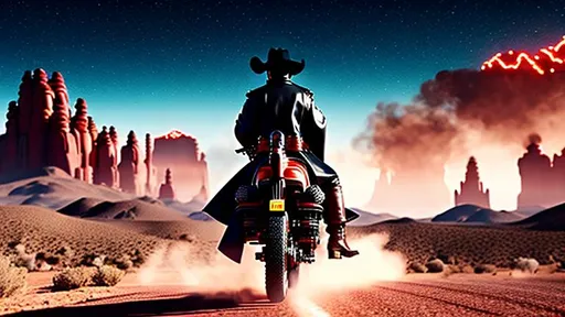 Prompt: Cyber Cowboy with 4 Arms, fiery red Poncho, Dressed in black duster and Stetson Cowboy Hat, with Red Sunglasses, Haunting Presence, Photorealism, Hyperrealism, Intricately Detailed, Hyperdetailed, Desert Wild West Landscape, Dusty Midnight Lighting, Filmic, Movie Quality, 8K Resolution, Wild West Feel