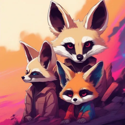 Prompt: anime style, fennec fox, a raccoon and a bear cub all sat together, vibrant trippy background, zoomed out, aesthetic scars, bloody, hallucinations, power, high definition, professional brush strokes 