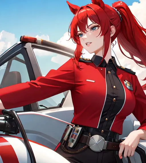 Prompt: Haley as a horse girl with bright red hair pulled back, as a police officer, UHD, highly detailed