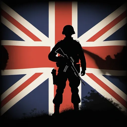 Prompt: union jack with a silhouette of a soldier