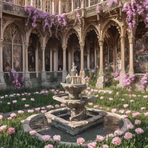 Prompt: Spring court from court of Thornes and roses with an ebsorbitant amount of flowers and ghotich and victorian architecture whit rampicants that dall' down the walls and Little fountains immersed in flowers 