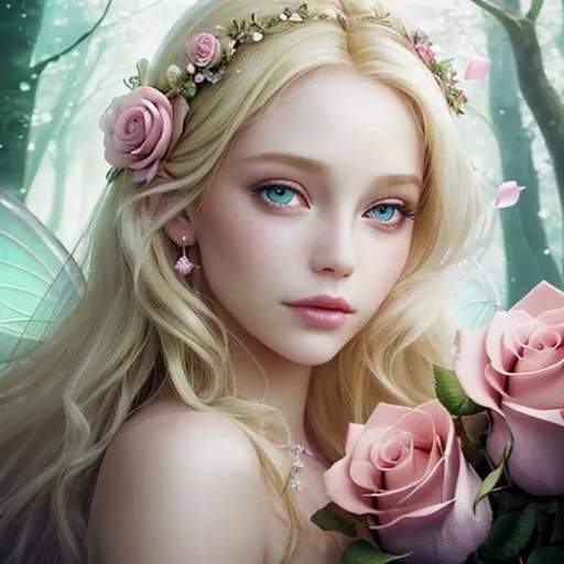 Prompt: fairy , ethereal beauty, blonde, dreamscape, pink roses, facial closeup