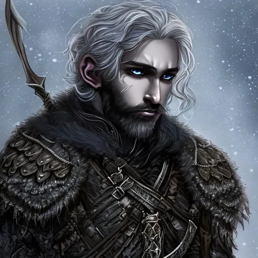 Prompt: male half-drow, black curly hair, white strands, bearded, crossbow, ranger, outsider, winter coat, scalemail armor, gloomy