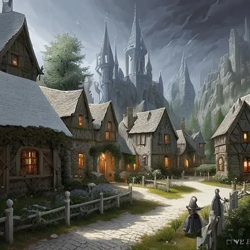Prompt: Gothic fantasy Medieval village with white trees, style of Tyler Edlin