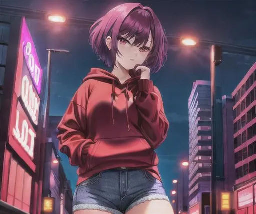 Prompt: Girl with purple short hair with red eyes in the cityscape at night warning a red hoodie with jeans with flashing lights 