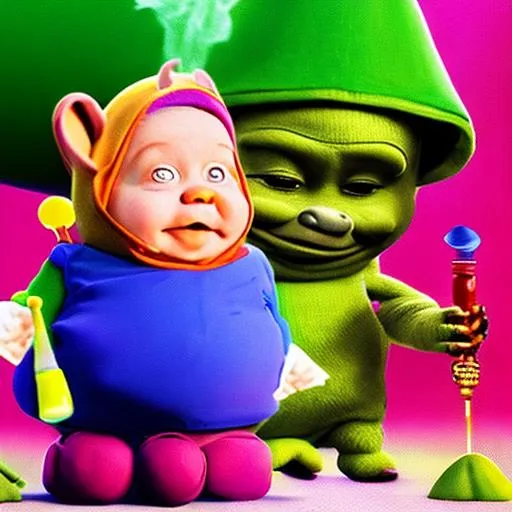 Prompt: Teletubbie shrekshuka with a hookah