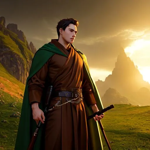 Prompt: Male monk, brown hair, intricate, cloth, green robes, belts and pouches, heroic, staff, full body, high detail, atmospheric, realism, photographic, award winning, volumetric lighting, 3D render, cry engine, apocalyptic, 