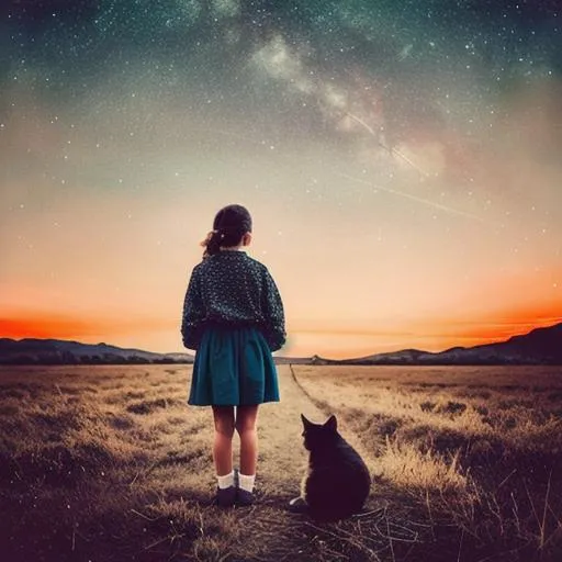 Prompt: Nostalgic photo of a surreal landscape, sunset, starry sky, small girl with a cute cat, hot air ballons. vintage filters, retro vibes, soft focus, faded colors, evoking memories, sentimental, art by nostalgic photographer.