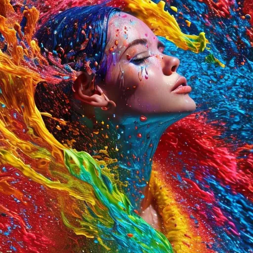 Prompt: a vibrant and colourful image of water splashes on a human female face