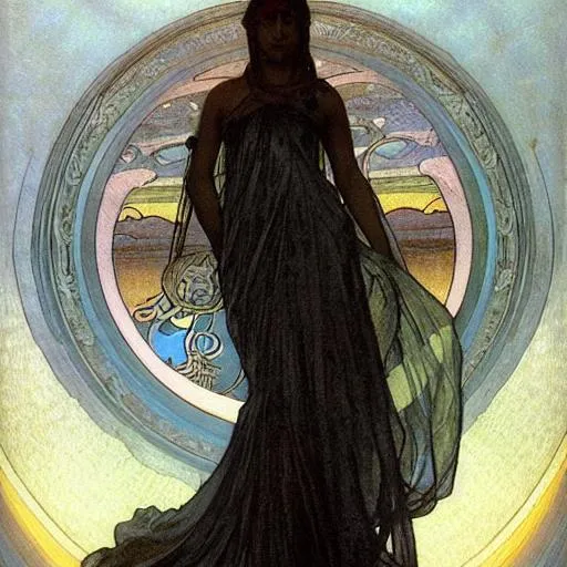 Prompt: awe-inspiring award-winning concept art nouveau painting of attractive figure in black shrouds as the goddess of the moonbow, rainbow, by Alphonse Mucha, Michael Whelan, William Adolphe Bouguereau, John Williams Waterhouse, and Donato Giancola, cyberpunk, extremely moody lighting, glowing light and shadow, atmospheric, shadowy, cinematic, 8K, n 9