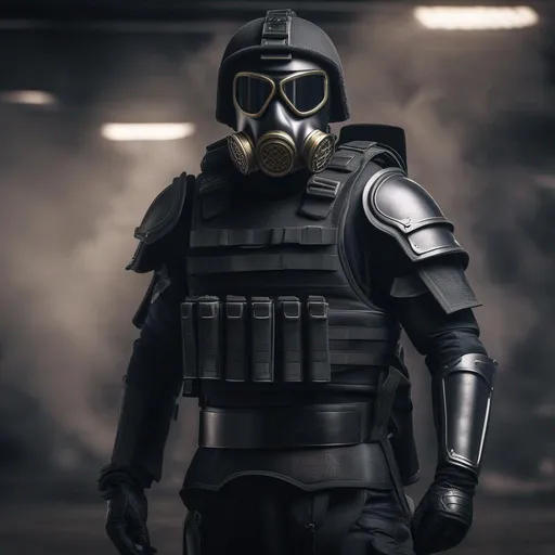 Prompt: A modern roman military male in black military roman armor, and gas mask, background sci fi war, Hyperrealistic, sharp focus, Professional, UHD, HDR, 8K, Render, electronic, dramatic, vivid, pressure, stress, nervous vibe, loud, tension, traumatic, dark, cataclysmic, violent, fighting, Epic