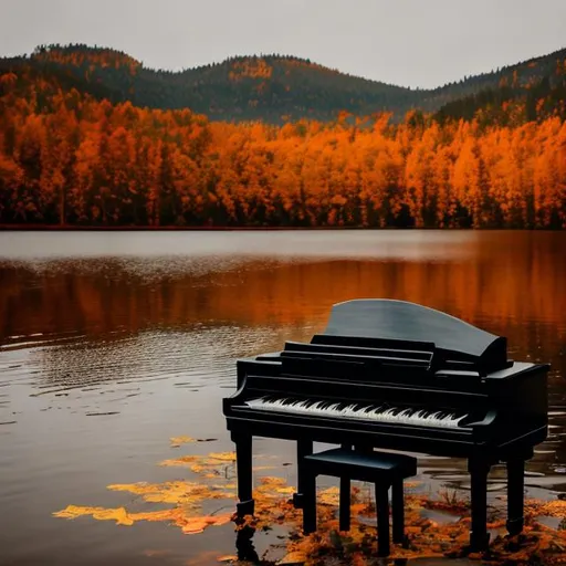 Prompt: piano in the middle of a lake in autumn