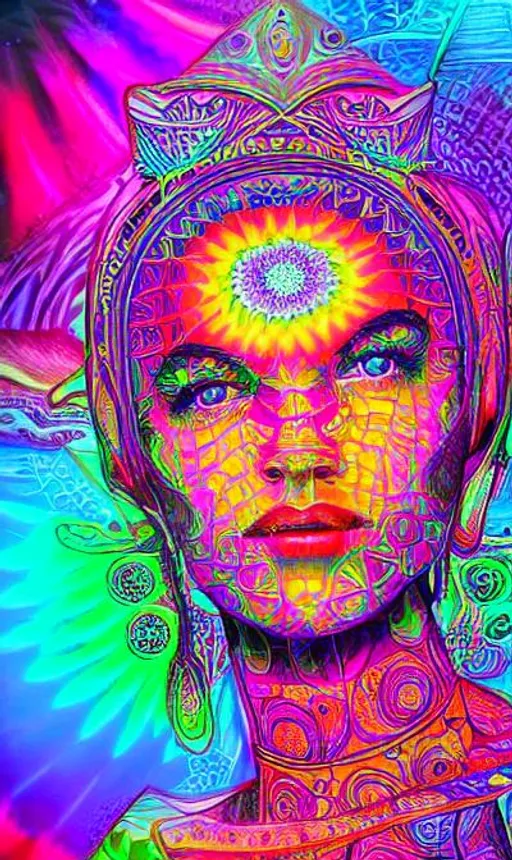 Prompt: Lsd dmt beautiful woman,  sacred geometry,  highly detailed,  neon bright colours, hyperealistic 