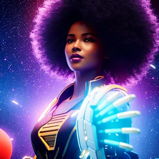 Prompt: splash art of a Black Woman in the sky, stars shooting from her hand, robotic arms, millennium item, happy, afro, perfect eyes, perfect hands, HD Octane Render,