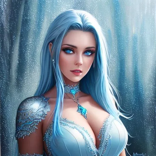 Prompt: oil painting, hd quality,  UHD, hd , 8k, hyper realism, heavy metal dark fantasy,  panned out view with full character shown, heavy metal dark fantasy atmosphere, frost blue skin beautiful frost blue skin color female frost giant character with frost blue skin, she is wearing a lovely white dress, she has frost blue skin she has frost blue skin she has frost blue skin, she is wearing a lovely white dress