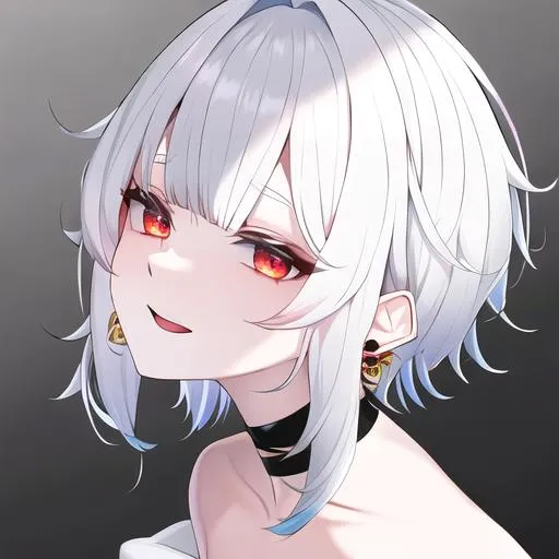 Prompt: Saiko Male (short pure white hair) 8k, UHD, happy, black earrings, 