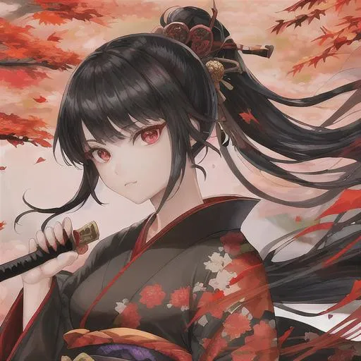 Prompt: beautifull girl, black hair, red kimono, katana, autumn, falling leaf, japan, detail hands